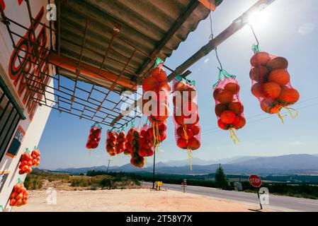 Ein Orangenstand neben der Straße, der Obst und Gemüse im Westkap in Südafrika verkauft Stockfoto