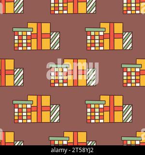 Nahtloses Muster mit festlichen Geschenkboxen. Frohe Weihnachten und frohes neues Jahr. Alles Gute Zum Geburtstag. Bunte Vektor-Illustration Hand gezeichnet Doodle. Urlaub Stock Vektor