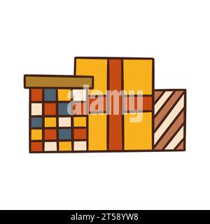 Set mit drei süßen festlichen Geschenkboxen. Frohe Weihnachten und frohes neues Jahr. Alles Gute Zum Geburtstag. Bunte Vektor isolierte Karte oder Postkarte Illustration Hand Stock Vektor