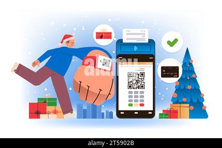 Man Kunde oder Käufer in santa hat mit einer mobilen App mit qr-Code und POS-Terminal, um eine Zahlung beim Online-Shopping der Armbanduhr zu tätigen Stock Vektor