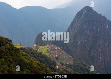 Machu Picchu Landschaft vom Inka Trail, Machu Picchu Historical Sanctuary, Cusco, Peru. Stockfoto