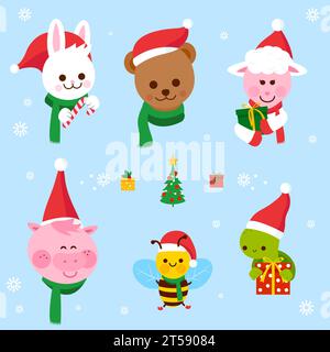 Niedliche Tiere mit Weihnachtsmann-Hüten, die Weihnachtsgeschenke halten. Vektorabbildung Stock Vektor