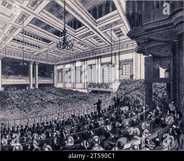 Ein Treffen der Anti-Corn Law League 1846 in Exeter Hall. Stockfoto