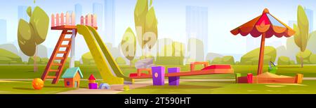 Spielplatz für Kinder im Sommer Stadtpark. Vektor-Karikaturillustration des sonnigen grünen öffentlichen Gartens mit Rutsche, Sandkasten unter Sonnenschirm, Spielzeug auf dem Boden, Wippe für Kinder, moderne Stadtlandschaft am Horizont Stock Vektor