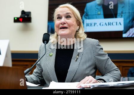 Washington, Usa. November 2023. Die US-Repräsentantin Sylvia Garcia (D-TX) spricht bei einer Anhörung des Justizausschusses des Repräsentantenhauses im Kapitol der USA. Quelle: SOPA Images Limited/Alamy Live News Stockfoto