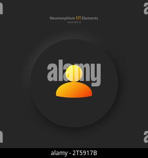 Runder Knopf mit einem Personensymbol auf schwarzem Hintergrund. Benutzeroberflächenelemente im Stil von Pneumorphism, UX, UI. Stock Vektor