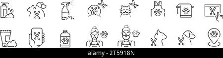 Haustierpflegesalon. Pflege von Katzen und Hunden. Tierärztliche Dienstleistungen. Symbol für Pixelperfekte, bearbeitbare Kontur Stock Vektor