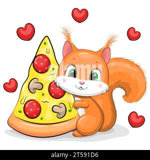 Niedliches Zeichentrickhörnchen mit einem großen Stück Pizza. Vektorillustration eines Tieres auf weißem Hintergrund mit roten Herzen. Stock Vektor