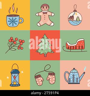 Satz farbiger Neujahrskarten. Tasse, Ingwerkekse, Weihnachtsbaumspielzeug und Schlitten, Teekanne und Zweig von rowan, gestrickte Fäustlinge und Laterne mit Kerze. Stock Vektor