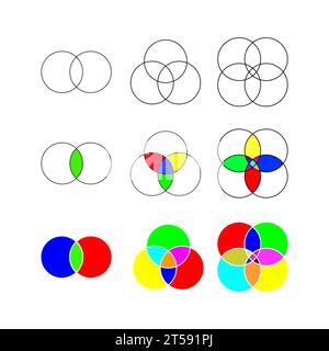 Satz von Venn-Diagrammen mit überlappenden Kreisen, isoliert auf weißem Hintergrund. Vorlagen für Analyseschema, Darstellung logischer Beziehungen Stock Vektor