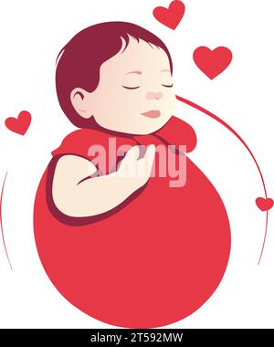 Grafik illustriert Neugeborenes Baby Mädchen schließen Augen schlafende Liebe rotes Herz flach illustrierter Vektor Stock Vektor