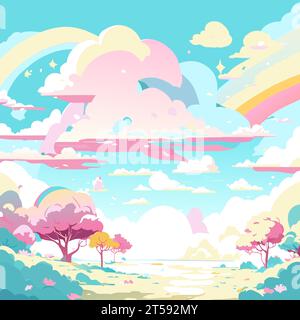 Grafik Illustrated Wolken Himmel Wunderland Märchen Fabel Fantasy Regenbogen Farben Bäume Vektor Stock Vektor