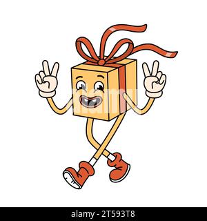 Grooviger Weihnachtsgeschenkkasten. Groovige Retro-Cartoon-Figur im Doodle-Stil. Vektorillustration isoliert auf weiß. Stock Vektor