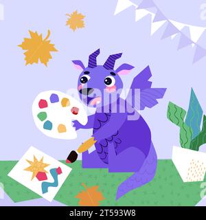Der Drache sitzt im Klassenzimmer und zeichnet ein Bild mit Farbe. Zurück zur Schule. Herbstsaison. Niedliches Maskottchen des Drachen-Zeichentrickfilms. Happy New Stock Vektor