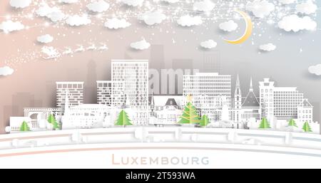 Luxemburg-Stadt. Winter City Skyline im Papierschnitt mit Schneeflocken, Mond- und Neongirlanden. Weihnachts- und Neujahrskonzept. Weihnachtsmann auf Schlitten. Stock Vektor