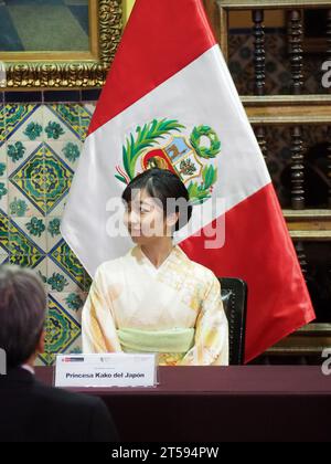 Lima, Peru. November 2023. Ihre Kaiserliche Hoheit Prinzessin Kako von Akishino besucht Peru im Rahmen der Aktivitäten zur Feier des 150. Jahrestages der Aufnahme diplomatischer Beziehungen zwischen Japan und Peru. Sie ist eine Nichte des Kaisers Naruhito und der zweitälteste Enkel des emeritierten Kaisers Akihito Credit: Fotoholica Press Agency/Alamy Live News Stockfoto