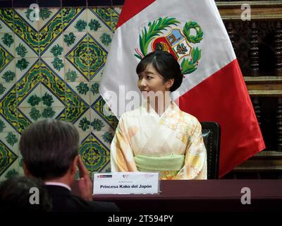 Lima, Peru. November 2023. Ihre Kaiserliche Hoheit Prinzessin Kako von Akishino besucht Peru im Rahmen der Aktivitäten zur Feier des 150. Jahrestages der Aufnahme diplomatischer Beziehungen zwischen Japan und Peru. Sie ist eine Nichte des Kaisers Naruhito und der zweitälteste Enkel des emeritierten Kaisers Akihito Credit: Fotoholica Press Agency/Alamy Live News Stockfoto