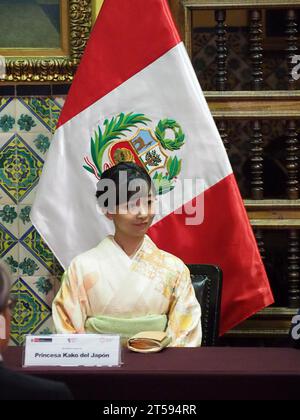 Lima, Peru. November 2023. Ihre Kaiserliche Hoheit Prinzessin Kako von Akishino besucht Peru im Rahmen der Aktivitäten zur Feier des 150. Jahrestages der Aufnahme diplomatischer Beziehungen zwischen Japan und Peru. Sie ist eine Nichte des Kaisers Naruhito und der zweitälteste Enkel des emeritierten Kaisers Akihito Credit: Fotoholica Press Agency/Alamy Live News Stockfoto