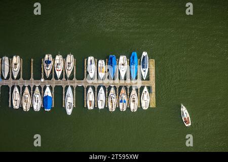 Aus der Vogelperspektive, Segelboote an einer Anlegestelle am Sorpsee, Langscheid, Sundern, Sauerland, Nordrhein-Westfalen, Deutschland, Jetty, DE, Europa, Luftbild, Stockfoto