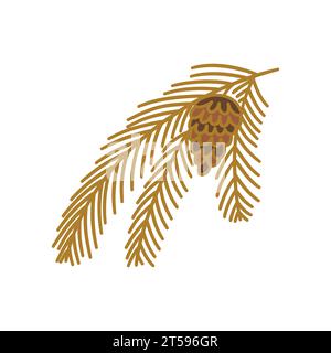 Kiefer- oder Fichtenzweig mit Kegel. Bunte Vektor isolierte Illustration Kritzelei Hand gezeichnet. Weihnachtsbaumzweig. Designelement Clip Art oder Symbol mit Co Stock Vektor