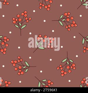 Nahtloses Muster mit Zweig von rotem rowan. Schneit. Winterpflanze. Brauner Hintergrund. Bunte Vektor-Hand gezeichnete Kritzelei. Botanisches Design, Aufdruck für Verpackung Stock Vektor