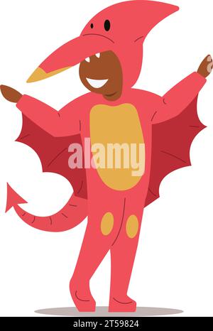 Die Niedliche Kinderfigur, Die Als Dinosaurier Gekleidet Ist, Erweckt Prähistorischen Spaß Zum Leben. Buntes Kostüm. Stock Vektor