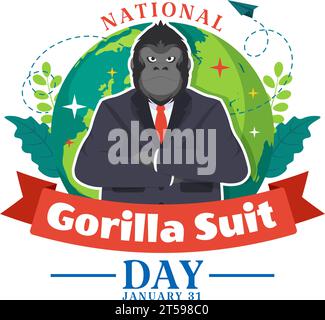 National Gorilla Suit Day Vektor Illustration am 31. Januar mit hat der Kopf eines Gorillas ist ordentlich in einem Anzug und Weltkarte im Hintergrund gekleidet Stock Vektor