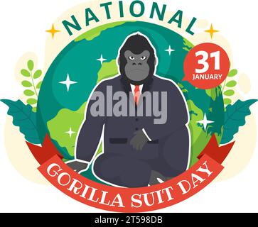 National Gorilla Suit Day Vektor Illustration am 31. Januar mit hat der Kopf eines Gorillas ist ordentlich in einem Anzug und Weltkarte im Hintergrund gekleidet Stock Vektor