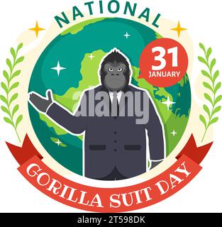 National Gorilla Suit Day Vektor Illustration am 31. Januar mit hat der Kopf eines Gorillas ist ordentlich in einem Anzug und Weltkarte im Hintergrund gekleidet Stock Vektor