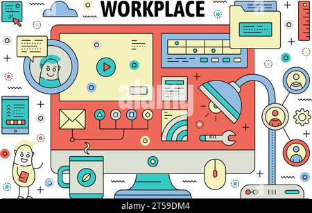 Banner-Vorlage für Poster am Arbeitsplatz. Vector Thin Line Art flache Design-Elemente, Symbole, Symbole für Website-Banner und gedruckte Materialien. Stock Vektor