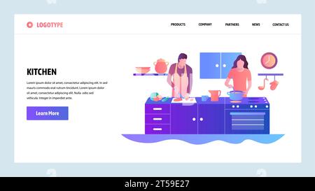 Onboarding-Bildschirme für Websites. Glückliches Paar, das zusammen in der Küche kocht. Menüvektorbanner-Vorlage für die Entwicklung von Websites und mobilen Apps. Modernes Design Stock Vektor