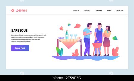 Onboarding-Bildschirme für Websites. Grillparty und Picknick in einem Park. Menüvektorbanner-Vorlage für die Entwicklung von Websites und mobilen Apps. Modernes, lineares Design Stock Vektor