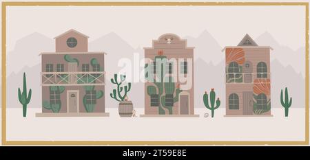 Süße Kakteen Graffiti auf wilden Westerhäusern. Westliche Straße mit Holzgebäuden. Stock Vektor