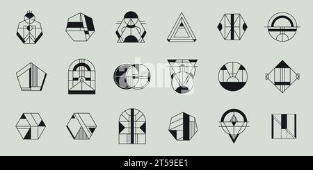 Vektorsatz mit Logos in geometrischer Form, Hipster- und Art-Deco-Linienzeichen. Minimale Schilder, Designelemente, Bögen, Kreise und Sechsecke Stock Vektor