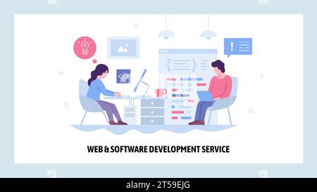 Vektor-Website-Designvorlage. Entwicklung von Softwareprojekten. Ein Team von Programmierern arbeitet zusammen. Landing-Page-Konzepte für Website- und mobile Entwicklung. Stock Vektor