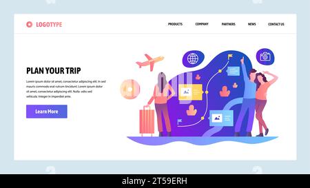 Vektor-Website-Designvorlage. Planen Sie Ihre Reise und reisen Sie. Routenplanung und -Buchung. Landing-Page-Konzepte für Website- und mobile Entwicklung. Mo Stock Vektor