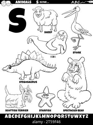 Zeichentrickillustration von Tierzeichen, die für die Ausmalseite des Buchstabens S eingestellt sind Stock Vektor