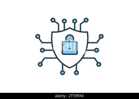 Symbol für Cyber-Sicherheit. Abschirmung mit Vorhängeschloss und Netzwerk. Symbol für Gerät, Schutz, Computertechnologie. Symbolstil für flache Linien. Einfaches Vektordesign Stock Vektor