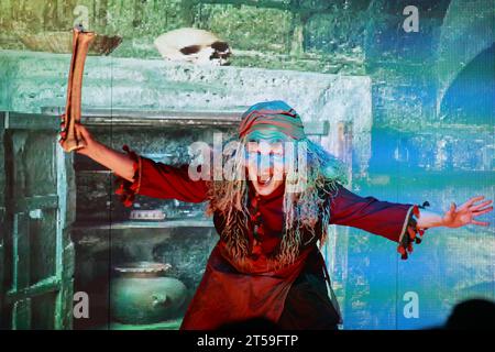Brocken, Deutschland. November 2023. Eine Hexe steht vor einer LED-Wand in einer Szene aus Goethes Faust. Nach einer vierjährigen Pause fand am Brocken die Premiere von „Faust on the Brocken – Rock Theater based on Goethe“ statt. Weitere Aufführungen sind an Wochenenden bis 19.11 geplant. Die Gäste werden von Wernigerode zum Brocken mit dem von der Harzer Schmalspurbahnen GmbH betriebenen Mephisto Express transportiert. Quelle: Matthias Bein/dpa/Alamy Live News Stockfoto