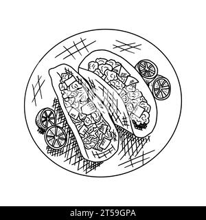 Handgezeichnete Vektor-Illustration von zwei Tacos auf einem Teller. Stock Vektor