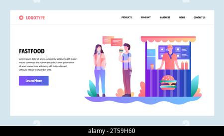 Onboarding-Bildschirme für Websites. Fastfood-Stand. Die Leute essen auf der Straße zu Mittag. Menüvektorbanner-Vorlage für die Entwicklung von Websites und mobilen Apps. Modern Stock Vektor