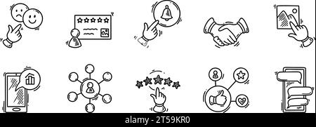 Kritzeln Sie die Symbole für Kundenbewertungen und Erfahrungsberichte. Positives und negatives Erfahrungsfeedback. 5 Sterne. Benachrichtigungen ein. Folgen Sie in sozialen Medien. S Stock Vektor