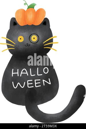 Gruselig und niedlich: Schwarze Halloween-Katze mit Kürbishut sitzt auf der Straße im Aquarellstil Stock Vektor