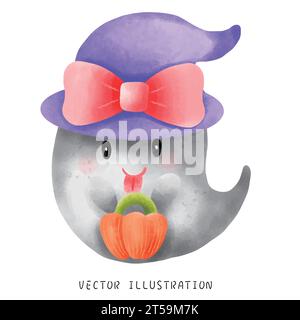 Feiern Sie die gruselige Jahreszeit mit dieser bezaubernden Aquarellillustration eines niedlichen Geistes, der in der Luft schwimmt und einen Eimer Melone hält. Perfekt für Hal Stock Vektor