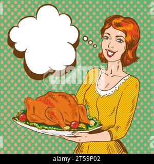 Vektor-Illustration der Frau, die Tablett mit geröstetem Thanksgiving-truthahn im Retro-Pop-Art-Comic-Stil hält. Sprechblase. Stock Vektor