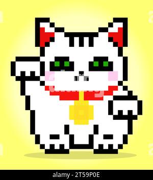 8 Bit Pixel eine weiße Katze. Die Glückskatze, Maneki Neko in Vektorillustration. Stock Vektor