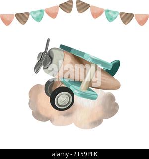 Kinderspielzeugflugzeug auf Wolken, Flaggen. Vektorillustration im Aquarellstil. Grußkarten, Babydusche, Kinderzimmer, Einladungen. Stock Vektor