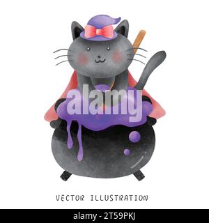 Tauchen Sie ein in die skurrile Welt von Halloween mit dieser bezaubernden Aquarellillustration. Begleiten Sie eine süße schwarze Katze in einem roten Trenchcoat Stock Vektor