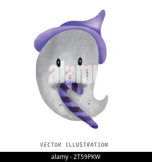 Feiern Sie Halloween mit dieser bezaubernden Illustration im Aquarellstil, die einen wunderbaren Geist in der Luft zeigt und einen Zuckerstock hält. Perfekt Stock Vektor