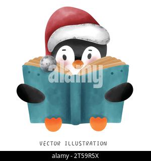 Entzückender Pinguin in Rothut und Schal, der Weihnachtslesen genießt Stock Vektor